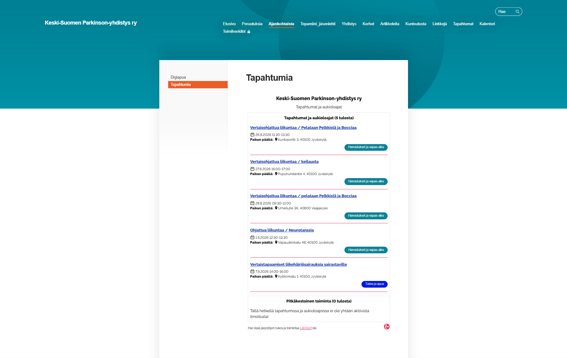 Lähellä-leijuke Keski-Suomen Parkinsonyhdistyksen sivuilla. Otsikko: Tapahtumia. Otsikon alla Lähellä-leijuke, johon tulee yhdistyksen tapahtumat Lähellä.fistä.